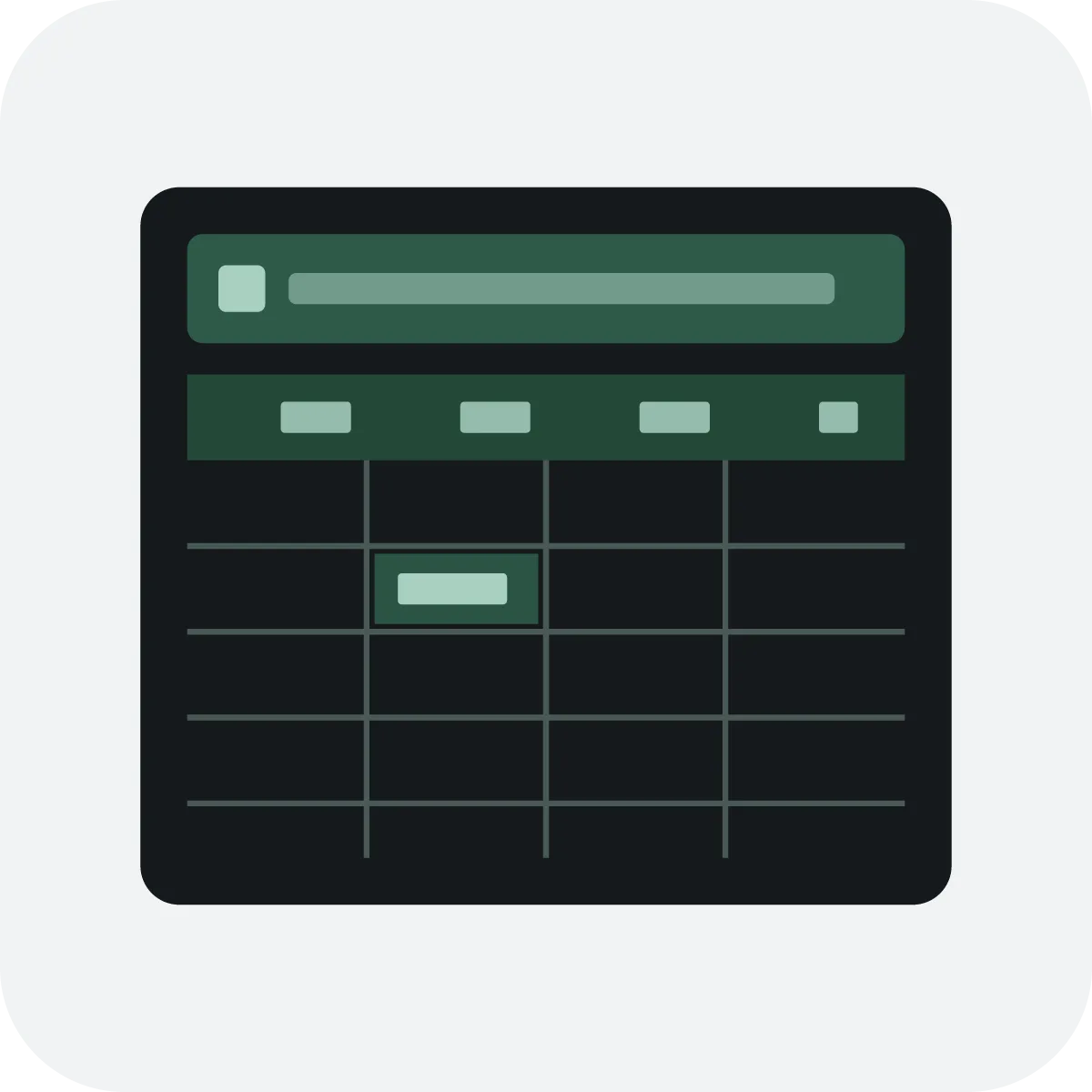 Sheet-grid panel with formula bar and column headers beside a grid.